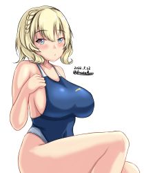 Rule 34 | 1girl, blonde hair, blue eyes, blue one-piece swimsuit, braid, breasts, collarbone, colorado (kancolle), competition swimsuit, covered navel, dated, hair between eyes, highres, kantai collection, large breasts, montemasa, one-piece swimsuit, short hair, side braids, sideboob, simple background, sitting, solo, swimsuit, twitter username, two-tone swimsuit, white background, white one-piece swimsuit