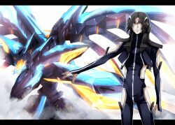 Rule 34 | 1boy, arm blade, arm cutout, black hair, clothing cutout, crystal, finger marks, floating, flying, glowing, highres, horns, kanda faf2, makabe kazuki, mark alles, mecha, pilot suit, robot, short hair, side cutout, sky, solo, soukyuu no fafner, sword, synergetic suit, uniform, weapon, wings