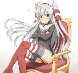 Rule 34 | 10s, 1girl, amatsukaze (kancolle), armchair, black panties, blush, brown eyes, chair, choker, crossed arms, crossed legs, crown, garter straps, gradient background, hair tubes, hairband, highres, kantai collection, long hair, looking at viewer, mini crown, nedia (nedia region), panties, red thighhighs, school uniform, serafuku, silver hair, simple background, smile, solo, sparkle, thighhighs, two side up, underwear