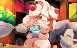 Rule 34 | :d, alcremie, alcremie (strawberry sweet), ayo (ayosanri009), commentary request, creatures (company), cup, food, fruit, game freak, gen 8 pokemon, holding, holding saucer, indeedee, indoors, looking to the side, nintendo, no humans, open mouth, pokemon, pokemon (creature), red eyes, saucer, shelf, signature, sinistea, smile, steam, strawberry, teacup, teapot