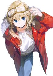 Rule 34 | 1girl, arm up, artist name, blonde hair, blue eyes, blue pants, closed mouth, denim, fur-trimmed jacket, fur trim, goggles, goggles on head, hand in pocket, jacket, long hair, open clothes, open jacket, original, pants, red jacket, simple background, solo, standing, sukja, white background