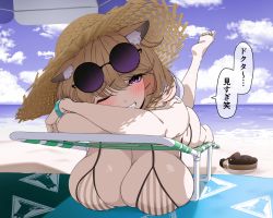 Rule 34 | 1girl, animal ear fluff, animal ears, arknights, barefoot, beach, beach chair, beach towel, beach umbrella, bikini, blush, breast rest, breasts, brown hair, cleavage, cloud, day, eyewear on head, feet, female focus, foreshortening, grin, hair ornament, hairclip, hanging breasts, hat, highres, huge breasts, leg up, looking at viewer, lying, makino, official alternate costume, on stomach, one eye closed, outdoors, purple-tinted eyewear, purple eyes, round eyewear, sky, smile, soles, solo, speech bubble, straw hat, striped bikini, striped clothes, sunglasses, sweat, swimsuit, tinted eyewear, towel, translated, umbrella, utage (arknights), utage (summer flowers) (arknights), vertical-striped bikini, vertical-striped clothes