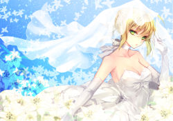 Rule 34 | 1girl, ahoge, alternate costume, artoria pendragon (all), artoria pendragon (fate), bare shoulders, blonde hair, blue background, bow, breasts, bridal veil, choker, cleavage, dress, elbow gloves, fate/stay night, fate (series), flower, gloves, green eyes, hachini, looking at viewer, saber (fate), solo, veil, wedding dress