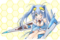 Rule 34 | 1girl, ;q, antenna hair, aoba anoa, black bow, black bowtie, blue eyes, blue hair, blue thighhighs, blush, bow, bowtie, breasts, cleavage, detached collar, green eyes, hair intakes, hair tubes, honeycomb (pattern), honeycomb background, long hair, looking at viewer, matching hair/eyes, mecha musume, one eye closed, otomedius, panties, revealing clothes, saeki touma, solo, thighhighs, tongue, tongue out, twintails, underwear, wink
