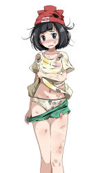 Rule 34 | 1girl, :o, bare legs, beanie, black eyes, black hair, blunt bangs, blush, bow, bow panties, breasts, clothes lift, clothes pull, collarbone, creatures (company), crying, crying with eyes open, dirty, dirty clothes, dirty face, floral print, game freak, green bow, green shorts, hat, looking at viewer, medium hair, messy hair, navel, nintendo, open mouth, panties, photoshop (medium), pokemon, pokemon sm, red hat, selene (pokemon), shirt, shirt lift, short sleeves, shorts, shorts pull, simple background, small breasts, solo, tears, torn clothes, torn panties, torn shirt, torn shorts, tsukishiro saika, underwear, white background, white panties, yellow shorts