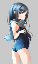 Rule 34 | 1girl, alternate costume, asashio (kancolle), ass, black hair, blue eyes, blue one-piece swimsuit, blush, breasts, comah, gradient hair, grey background, highres, kantai collection, long hair, multicolored hair, one-piece swimsuit, open mouth, scarf, simple background, small breasts, solo, swimsuit