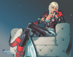 Rule 34 | 10s, 1girl, aranea highwind, armor, blonde hair, breasts, chuck pires, cleavage, couch, final fantasy, final fantasy xv, finger to mouth, gloves, high heels, crossed legs, sitting, smile, solo, square enix