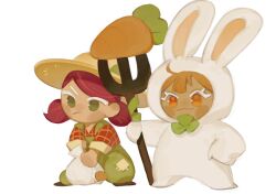 Rule 34 | 2girls, :/, :3, ahoge, animal ear hood, animal ears, bag, beet cookie, beet cookie (farm ranger), blunt bangs, bozi (labochushi), brown footwear, carrot, carrot cookie, carrot cookie (bouncy bunny), closed mouth, clover, clover brooch, cookie run, cookie run: ovenbreak, dark-skinned female, dark skin, double-parted bangs, fake animal ears, flats, fork, full body, gingham shirt, green eyes, green overalls, hand on own hip, hat, highres, holding, holding bag, holding fork, hood, hood up, humanization, legs apart, looking ahead, medium hair, multiple girls, no eyebrows, no fingers, no nose, no pupils, no sclera, official alternate costume, onesie, orange hair, oversized object, rabbit ears, red hair, red shirt, shirt, short twintails, side-by-side, side part, single eyebrow, sketch, straw hat, three quarter view, twintails, two-handed, v-shaped eyebrows, white bag