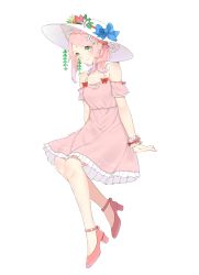 Rule 34 | 1girl, absurdres, blue bow, bow, contemporary, dress, facial mark, flower, frilled dress, frills, full body, green eyes, hair flower, hair ornament, haruno sakura, hat, hat bow, hat flower, high heels, highres, long hair, naruto, naruto (series), pika (bilibilik), pink dress, pink footwear, pink hair, red flower, red ribbon, ribbon, ribbon-trimmed dress, short dress, simple background, sitting, solo, sun hat, white background, white flower, white hat, wrist cuffs