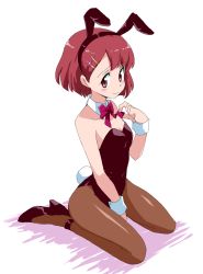 Rule 34 | 1girl, animal ears, between legs, bow, bowtie, breasts, detached collar, embarrassed, from side, hanadera nodoka, hand between legs, hand on own chest, healin&#039; good precure, high heels, highres, kneeling, leotard, looking at viewer, nervous, pantyhose, pink bow, pink bowtie, playboy bunny, precure, rabbit ears, rabbit tail, red eyes, red hair, shadow, short hair, simple background, solo, tail, uraki, white background