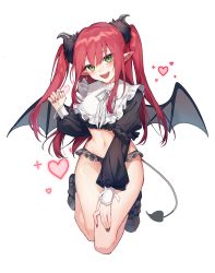 Rule 34 | 1girl, :d, black horns, black nails, black skirt, black wings, cosplay, demon girl, demon horns, demon tail, demon wings, fingernails, frilled skirt, frills, full body, green eyes, heart, highres, horns, kitagawa marin, long hair, looking at viewer, midriff, miniskirt, nail polish, navel, open mouth, pointy ears, red hair, rizu-kyun, simple background, skirt, smile, solo, sono bisque doll wa koi wo suru, tail, twintails, white background, wings, yunweishukuang