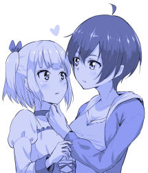 Rule 34 | 2girls, ahoge, blue theme, blush, choker, dress, eye contact, grabbing another&#039;s chin, hand on another&#039;s chin, heart, iijima yun, jacket, looking at another, monochrome, multiple girls, new game!, shinoda hajime, short hair, short twintails, sketch, thumb to chin, twintails, t~t, upper body, yuri