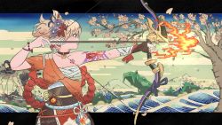 Rule 34 | 1girl, arm tattoo, blonde hair, bow, bow (weapon), breasts, brown eyes, cleavage, dragon, from side, genshin impact, highres, holding, holding bow (weapon), holding weapon, japanese clothes, kimono, letterboxed, medium breasts, miyan (oceanmaiden), obi, ocean, orange kimono, outside border, parted lips, ponytail, sarashi, sash, solo, tattoo, tree, waves, weapon, yoimiya (genshin impact)