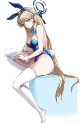Rule 34 | animal ear hairband, animal ears, bare arms, bare shoulders, blonde hair, blue archive, blue bow, blue bowtie, blue eyes, blue hairband, blue leotard, bow, bowtie, breasts, commentary, detached collar, fake animal ears, fake tail, full body, hairband, halo, hinata sora, large breasts, leotard, long hair, playboy bunny, rabbit ear hairband, rabbit ears, rabbit tail, simple background, sitting, solo, tail, thighhighs, thighs, toki (blue archive), toki (bunny) (blue archive), white background, white thighhighs, wrist cuffs