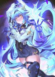 Rule 34 | 1girl, arm up, black gloves, black hairband, black shorts, black thighhighs, blue hair, breasts, closed mouth, clothing cutout, commentary, english commentary, eula (genshin impact), genshin impact, gloves, glowing, glowing sword, glowing weapon, hair between eyes, hairband, hand up, highres, holding, holding sword, holding weapon, juliet sleeves, long hair, long sleeves, looking at viewer, puffy sleeves, shirt, short shorts, shorts, shoulder cutout, small breasts, smile, solo, sword, thighhighs, thighs, twitter username, usanekorin, very long hair, weapon, white shirt, yellow eyes