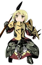 Rule 34 | 1girl, armor, blonde hair, blush, boots, breastplate, buckle, chainmail, cosplay, etrian odyssey, faulds, frown, full armor, gauntlets, greaves, hair over shoulder, holding, ichii yui, long hair, looking at viewer, low twintails, over shoulder, pauldrons, phalanx (sekaiju), phalanx (sekaiju) (cosplay), polearm, scrunchie, sekaiju no meikyuu, sekaiju no meikyuu 3, short hair, shoulder armor, simple background, skirt, spear, spikes, standing, twintails, watage (lucky yyg), weapon, white background, yellow eyes, yuyushiki