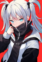 Rule 34 | 1girl, absurdres, black jacket, blue eyes, collar tug, commentary request, cube hair ornament, hair between eyes, hair ornament, hand up, high collar, highres, jacket, lisu, long hair, long sleeves, original, parted lips, puffy long sleeves, puffy sleeves, red background, simple background, sleeves past wrists, solo, twintails, upper body, v-shaped eyebrows, white hair