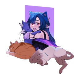Rule 34 | 1girl, absurdres, animal ears, blue hair, cat, cat ears, cat girl, dragon girl, dragon horns, highres, horns, indie virtual youtuber, long hair, long sleeves, looking at viewer, multiple cats, multiple horns, one eye closed, open mouth, teeth, thernz, tongue, upper body, vienna (vtuber), virtual youtuber