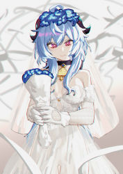 Rule 34 | 1girl, absurdres, bell, black choker, blue flower, blue hair, bouquet, breasts, bright pupils, choker, cleavage, closed mouth, commentary, cowbell, dress, elbow gloves, flower, ganyu (genshin impact), genshin impact, gloves, hair flower, hair ornament, highres, holding, holding bouquet, horns, long hair, looking at viewer, medium breasts, neck bell, pink eyes, renxzd, smile, solo, strapless, strapless dress, wedding dress, white gloves, white pupils