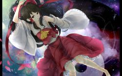 Rule 34 | 1girl, arm up, ascot, bare shoulders, barefoot, black hair, bow, brown hair, detached sleeves, female focus, frilled skirt, frills, hair bow, hair tubes, hakurei reimu, japanese clothes, jurakin, long hair, lying, miko, on back, partially submerged, petals, pillarboxed, red eyes, reflection, sarashi, skirt, sky, solo, star (sky), starry sky, touhou, water, yin yang
