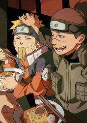 2boys absurdres black_eyes blonde_hair bowl brown_hair char-siu chopped_spring_onion chopsticks closed_eyes eating facial_mark flak_jacket food forehead_protector hand_in_another&#039;s_hair highres holding holding_chopsticks jacket kamaboko konohagakure_symbol male_focus multiple_boys naruto naruto_(series) narutomaki noodles nori_(seaweed) open_mouth orange_jacket pnpk_1013 pork ramen scar scar_on_face scar_on_nose short_hair spiked_hair umino_iruka uzumaki_naruto whisker_markings