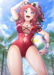 Rule 34 | 1girl, :d, absurdres, akino (princess connect!), akino (summer) (princess connect!), ball, bare legs, beachball, blue sky, bow, breasts, carmen kiruya, casual one-piece swimsuit, cleavage, cloud, collarbone, eyewear on head, from below, hair bow, hair intakes, highres, holding, holding ball, holding removed eyewear, jewelry, large breasts, long hair, looking at viewer, necklace, one-piece swimsuit, open mouth, princess connect!, purple eyes, red hair, red one-piece swimsuit, shiny skin, sky, smile, solo, summer, sunglasses, sunlight, swimsuit, unworn eyewear, white bow, wrist cuffs