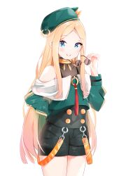 Rule 34 | 1girl, abigail williams (fate), absurdres, beret, black shirt, black shorts, blonde hair, blue eyes, blush, closed mouth, commentary request, cosplay, covered collarbone, fate/grand order, fate (series), forehead, green hat, green jacket, hand up, hat, highres, holding, holding removed eyewear, jacket, long hair, long sleeves, off-shoulder jacket, off shoulder, parted bangs, puffy long sleeves, puffy sleeves, round eyewear, shirt, short shorts, shorts, simple background, sleeveless, sleeveless shirt, smile, solo, sunglasses, tenochtitlan (fate), tenochtitlan (fate) (cosplay), tenochtitlan (second ascension) (fate), unworn eyewear, very long hair, white background, yukaa