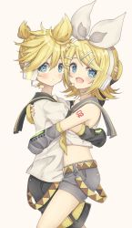 Rule 34 | 1boy, 1girl, aqua eyes, arm tattoo, blonde hair, blue eyes, blush, bow, brother and sister, commentary request, detached sleeves, from side, hair between eyes, hair bow, hair ornament, hairclip, headphones, headset, highres, hug, kagamine len, kagamine rin, leg warmers, looking at viewer, midriff peek, necktie, open mouth, sailor collar, short hair, shorts, siblings, simple background, smile, tattoo, treble clef, tsutsuji (suisai02), twins, twintails, vocaloid, white background