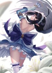Rule 34 | 1girl, ahoge, back bow, bare back, between fingers, black hair, blue bow, blue dress, blue eyes, blush, bow, cowboy shot, detached sleeves, dress, flower, gloves, highres, holding, holding knife, king&#039;s raid, knife, knives between fingers, large bow, lily (flower), long hair, looking at viewer, looking back, maid headdress, mirianne (king&#039;s raid), parted lips, petals, pointy ears, smile, solo, standing, suraimu (suraimuraimu), thighhighs, thighlet, white bow, white gloves, white thighhighs, zettai ryouiki