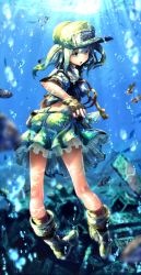 Rule 34 | 1girl, blue hair, boots, fingerless gloves, from behind, gloves, green eyes, hair bobbles, hair ornament, hat, kabutoyama, kawashiro nitori, key, kneepits, looking back, short hair, skirt, solo, touhou, twintails, two side up, underwater