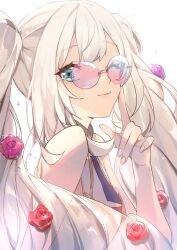 Rule 34 | 1girl, absurdres, bare shoulders, blue eyes, closed mouth, fate/grand order, fate (series), flower, glasses, hair flower, hair ornament, highres, light blush, light smile, long hair, looking at viewer, marie antoinette (fate), marie antoinette (third ascension) (fate), no-kan, no headwear, one eye closed, red flower, simple background, sleeveless, solo, sparkle, twintails, very long hair, white background, white hair