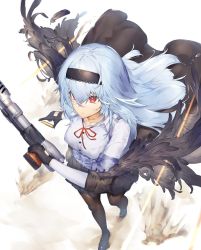 Rule 34 | 1girl, black footwear, black gloves, black hairband, black pantyhose, blue hair, bow, breasts, bullet, closed mouth, collared shirt, commentary, dabuki, full body, girls&#039; frontline, gloves, gun, hair between eyes, hairband, highres, holding, holding bullet, holding gun, holding weapon, long hair, long sleeves, looking away, neck ribbon, pantyhose, red bow, red eyes, red ribbon, ribbon, scar, scar on neck, shirt, shoes, simple background, skirt, solo, thunder (girls&#039; frontline), walking, weapon