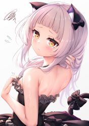 Rule 34 | 1girl, :&lt;, absurdres, animal ear fluff, animal ears, arata (xin), back, bare shoulders, black dress, blunt bangs, blush, bow, breasts, cat ears, cat tail, dress, flying sweatdrops, frills, grey background, hair bow, hand in own hair, highres, hololive, long hair, looking back, murasaki shion, murasaki shion (gothic lolita), orange eyes, silver hair, simple background, small breasts, solo, squiggle, sweat, tail, tail bow, tail ornament, upper body, virtual youtuber