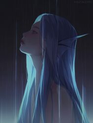 Rule 34 | 1girl, animal ears, artist name, blue hair, clip studio paint (medium), commentary, english commentary, eyelashes, fins, gradient background, grey background, half-closed eyes, head fins, highres, kantakerro, long hair, looking ahead, nude, original, parted bangs, portrait, profile, rain, red lips, solo