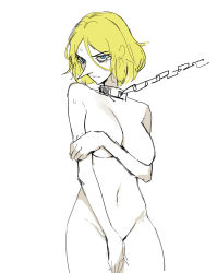 Rule 34 | 1girl, absurdres, bad id, bad twitter id, bare shoulders, blonde hair, blue eyes, breasts, censored, chain, chain leash, closed mouth, commentary, covering privates, covering breasts, covering crotch, highres, hilling (ousama ranking), jason kim, large breasts, leash, looking at viewer, mature female, medium hair, navel, nude, ousama ranking, pointy nose, short hair, sketch, solo, sweat, white background