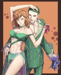 Rule 34 | 1boy, 1girl, alternate hair color, alternate hairstyle, bouquet, breasts, cleavage, flower, formal, green hair, holding, holding jewelry, holding necklace, jewelry, jojo no kimyou na bouken, magatama, magatama necklace, midriff, necklace, orange hair, palette swap, prosciutto, short hair, skirt, suit, trish una, vento aureo, yellow eyes, yepnean