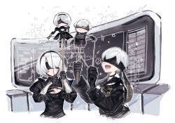 Rule 34 | 1boy, 1girl, back cutout, black gloves, blindfold, blush, cleavage cutout, closed mouth, clothing cutout, covered eyes, eye mask, feather-trimmed sleeves, feather trim, gloves, hairband, holding, juliet sleeves, long sleeves, nier:automata, nier (series), open mouth, puffy sleeves, puppet, puppet show, short hair, sugomori tsuru (artist), upper body, watermark, white hair, 2b (nier:automata), 9s (nier:automata)
