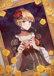 Rule 34 | 1girl, anri mike, beatrice (umineko), black dress, blonde hair, blue eyes, bow, bowtie, dress, flower, hair flower, hair ornament, highres, looking at viewer, open mouth, picture frame, pink bow, pink bowtie, red flower, solo, umineko no naku koro ni, yellow flower