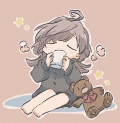 Rule 34 | 1girl, puff of air, ahoge, assault lily, barefoot, black shirt, blush, bow, bowtie, brown background, buttons, chibi, closed eyes, collared shirt, commentary, covered mouth, cup, drinking, facing viewer, grey hair, hands up, highres, holding, holding cup, legs together, long hair, long sleeves, outline, red bow, red bowtie, sasaki ran, shirt, sitting, sleeves past wrists, solo, star (symbol), stuffed animal, stuffed toy, teddy bear, toyo (sameden46), white outline
