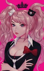 Rule 34 | 1girl, bear hair ornament, black choker, black shirt, blonde hair, blue eyes, bow, breasts, choker, cleavage, closed mouth, collared shirt, commentary, crossed arms, crown, danganronpa: trigger happy havoc, danganronpa (series), enoshima junko, fingernails, hair ornament, heart, heart-shaped pupils, highres, lace, lace choker, lips, long hair, medium breasts, nail polish, necktie, pink background, red bow, red nails, shari cote, shirt, simple background, solo, spoilers, symbol-shaped pupils, twintails, upper body, white necktie, white shirt, wing collar
