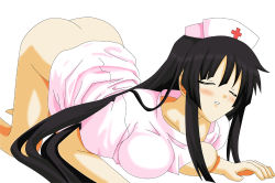 Rule 34 | 1girl, akiyama mio, ass, asu, bad anatomy, black hair, blush, bottomless, breasts, butt crack, cosplay, doggystyle, embarrassed, closed eyes, k-on!, large breasts, nipple slip, nipples, no panties, nurse, poorly drawn, sex, sex from behind, solo, top-down bottom-up, white background
