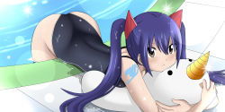 Rule 34 | 1girl, ass, blue hair, blush, brown eyes, competition swimsuit, dmayaichi, fairy tail, floatation device, highres, one-piece swimsuit, plue, pool, swimsuit, tattoo, water, wendy marvell, wet, wet floor, wet