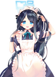 Rule 34 | 1girl, apron, aqua ribbon, arikawa satoru, aris (blue archive), aris (maid) (blue archive), black dress, black hair, blue archive, blush, bright pupils, commentary, dress, frilled apron, frills, halo, hand in own hair, highres, holding, holding own hair, long hair, looking at viewer, maid, maid apron, maid headdress, neck ribbon, official alternate costume, one side up, puffy short sleeves, puffy sleeves, ribbon, short sleeves, simple background, smile, solo, teeth, upper teeth only, very long hair, white apron, white background, white pupils, wristband
