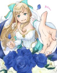 Rule 34 | 1girl, blonde hair, blue bow, blue eyes, bow, breasts, bride, charlotte (bridal) (fire emblem), charlotte (fire emblem), cleavage, dress, fire emblem, fire emblem fates, fire emblem heroes, flower, hair bow, long hair, looking at viewer, medium breasts, nintendo, open mouth, outstretched arm, petals, robaco, simple background, smile, solo, strapless, strapless dress, wedding dress, white background, white dress