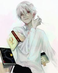 Rule 34 | 1boy, black pants, black sclera, book, breast pocket, brown eyes, closed mouth, collared shirt, colored sclera, dress shirt, hand up, highres, holding eyepatch, kaneki ken, male focus, open book, pants, pocket, red eyes, shirt, shirt partially tucked in, short hair, smile, tokyo ghoul, wagirioni