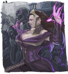 Rule 34 | 1girl, 6+others, animal, bare shoulders, breasts, brick, brick wall, brown hair, cleavage, closed mouth, flying, glowing, glowing eyes, glowing hands, highres, huge breasts, kugara4423, liliana vess, long hair, magic, magic: the gathering, multiple others, open mouth, outdoors, parted lips, pink eyes, purple eyes, silhouette, smile, teeth, white hair, zombie