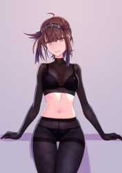 Rule 34 | 10s, 1girl, ahoge, arm support, black bra, black panties, black pantyhose, bra, breasts, brown hair, closed mouth, clothes writing, collarbone, cowboy shot, crop top, crotch seam, gradient background, green eyes, hairband, hatsuzuki (kancolle), kantai collection, long hair, looking at viewer, low ponytail, medium breasts, navel, panties, pantyhose, pink lips, purple background, simple background, sitting, skindentation, smile, solo, stomach, thigh gap, thighband pantyhose, turtleneck, underwear, underwear only, yuuji (and)