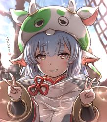 Rule 34 | 1girl, animal ears, blue hair, blush, breasts, catura (granblue fantasy), cleavage, cosplay, cow ears, cow hat, day, double v, draph, earrings, gachapin, gachapin (cosplay), granblue fantasy, grin, hat, jewelry, kiikii (kitsukedokoro), large breasts, long hair, outdoors, see-through, ship, smile, solo, sunlight, thick eyebrows, v, watercraft, yellow eyes