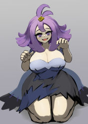 Rule 34 | 1girl, acerola (pokemon), alternate breast size, blue dress, breasts, creatures (company), dress, flipped hair, game freak, ghost pose, gipehtyboo, grey dress, grey eyes, hair ornament, hairclip, highres, large breasts, matching hair/eyes, medium hair, multicolored clothes, multicolored dress, nintendo, pokemon, pokemon sm, purple eyes, purple hair, short sleeves, sketch, solo, stitches, topknot, torn clothes, torn dress