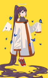 Rule 34 | 1girl, absurdly long hair, absurdres, angel wings, bad id, bad pixiv id, blue butterfly, blue eyes, brown hair, brown sweater, bug, butterfly, closed mouth, clothing cutout, coat, floating, full body, hair ornament, hair scrunchie, halo, hand up, highres, insect, long hair, looking at viewer, off-shoulder coat, off shoulder, original, ponytail, red footwear, ribbed sweater, scrunchie, shoes, shoulder cutout, simple background, sleeves past fingers, sleeves past wrists, sneakers, solo, sweater, tiptoes, turtleneck, turtleneck sweater, very long hair, white coat, wings, yellow background, yu yin